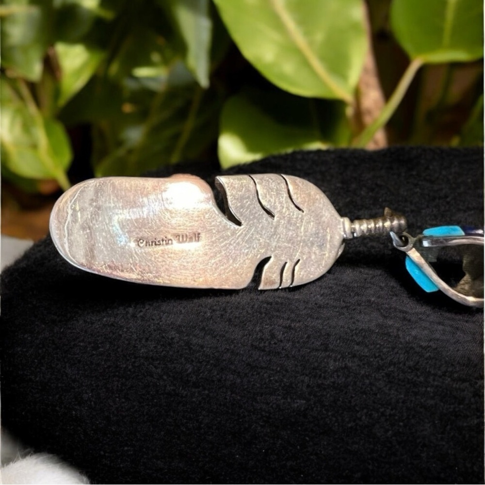 Vintage Christin Wolf feather stone inlay sterling silver pendant. 30+ years old - Picture 6 of 16